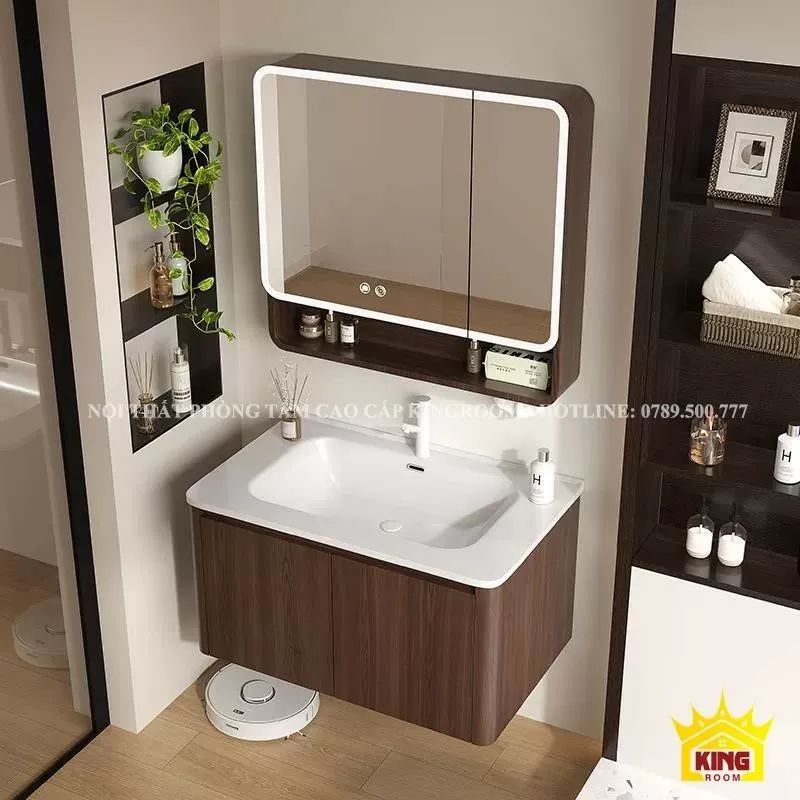 Tủ Lavabo Inox 304 với màu vân gỗ sơn chuyển nhiệt hoặc tùy chỉnh màu sắc tại kingroom.