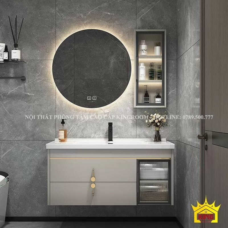 Bộ tủ lavabo thiết kế ngăn tủ trên và dưới tối ưu hóa không gian lưu trữ.